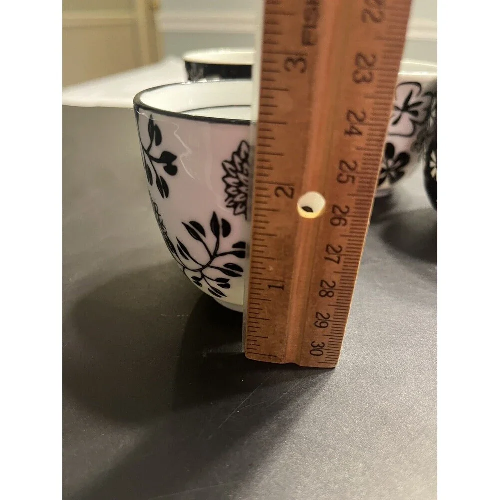 Set of 4 Pier One Black & White Floral Handless Tea Cups Mugs